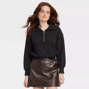 A New Day Women's Medium Black Long Sleeves Ribbed Cuffs Quarter Zip Sweatshirts